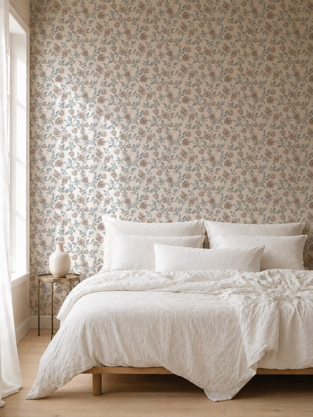 Vintage rose cream wallpaper in serene bedroom with white bedding.