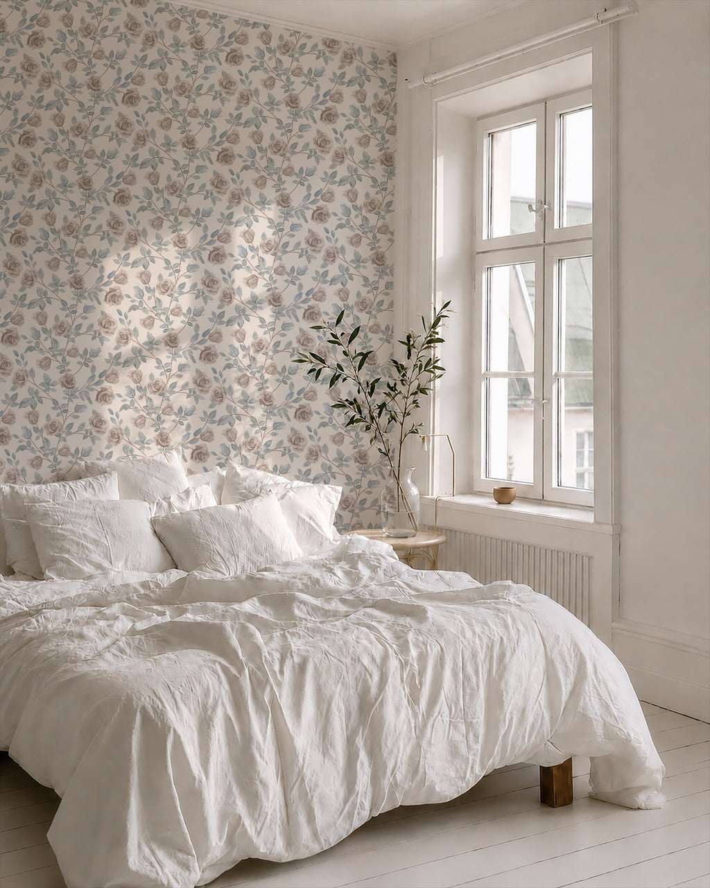 Vintage rose cream wallpaper in serene bedroom with white bedding and natural light.