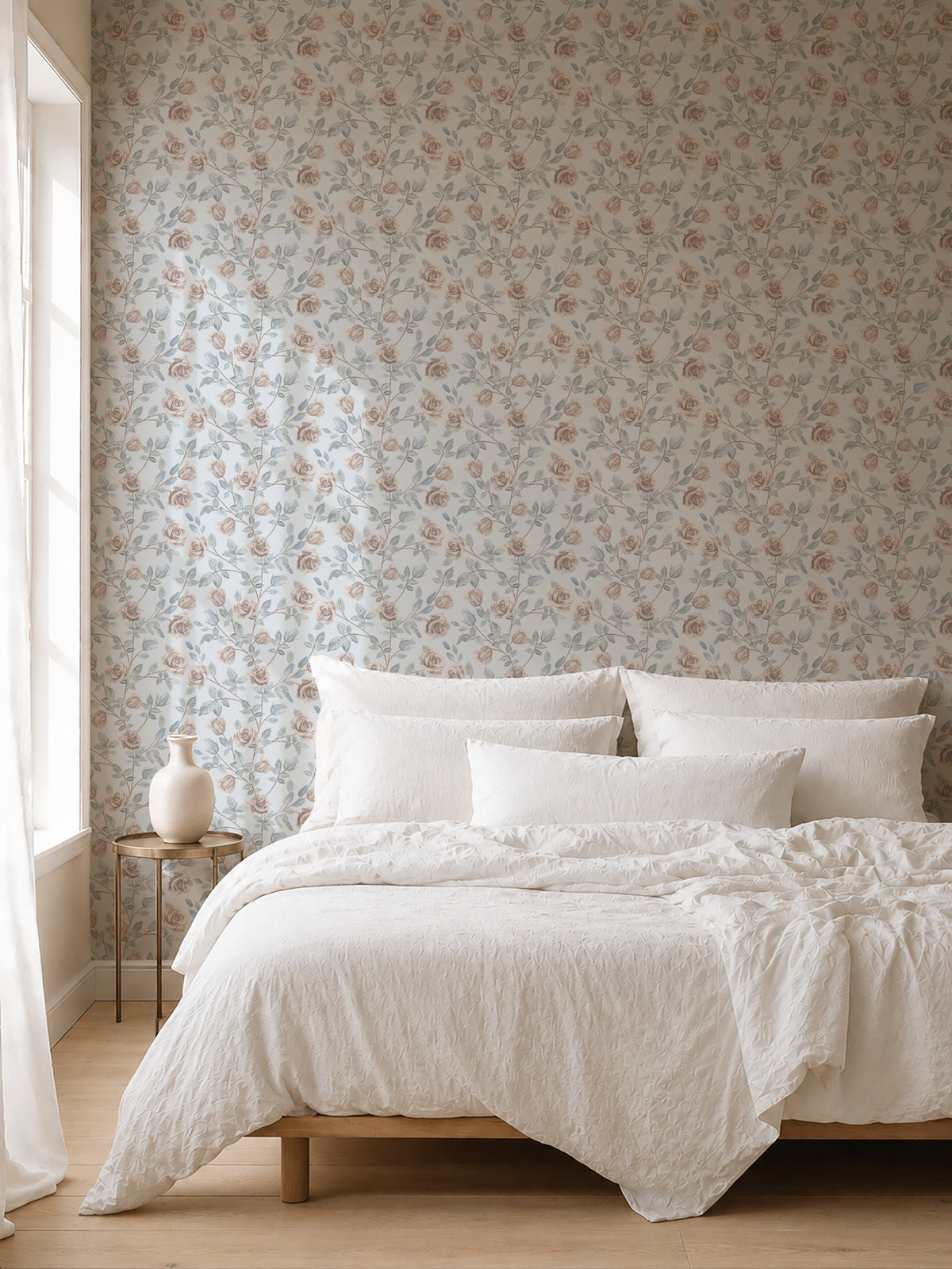 Vintage rose dusty blue floral wallpaper in serene bedroom setting.