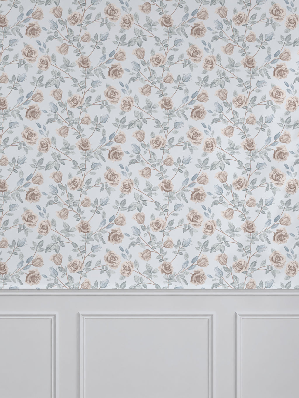 Vintage rose dusty blue wallpaper with blush floral pattern in elegant room setting.