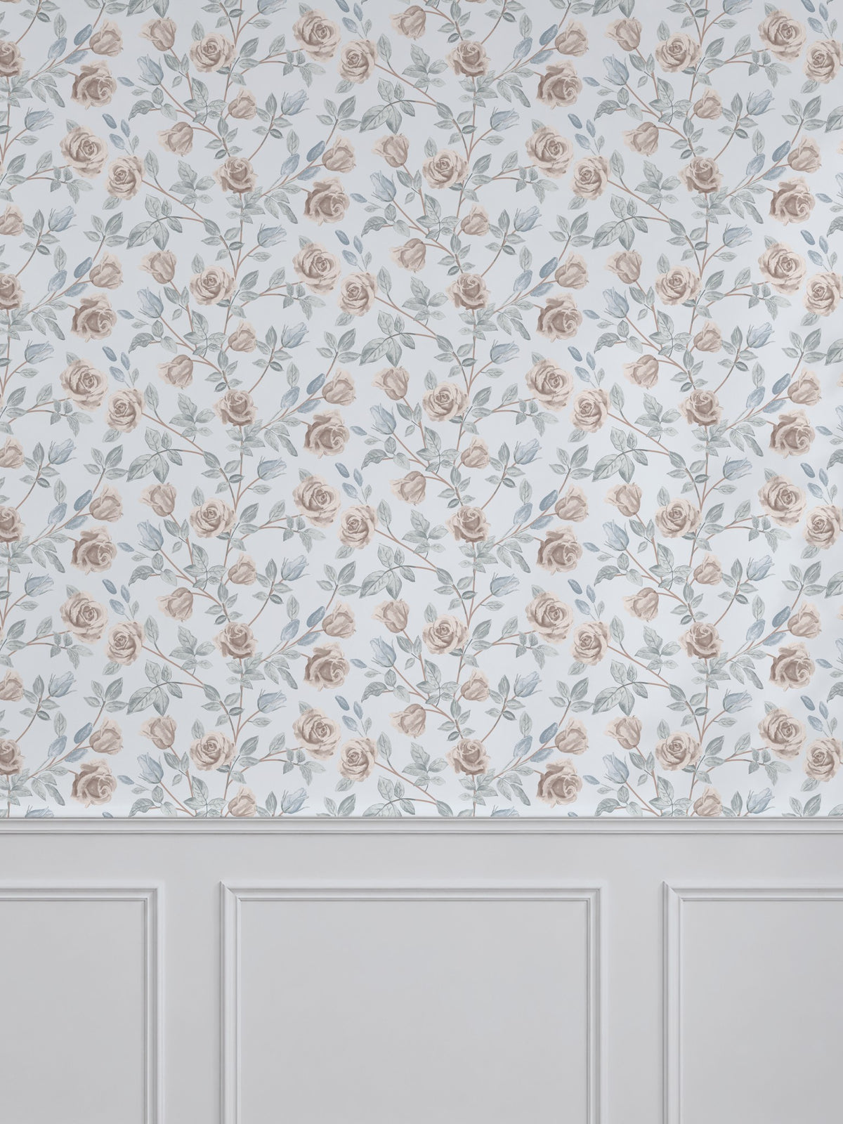 Vintage rose dusty blue wallpaper with blush floral pattern in elegant room setting.