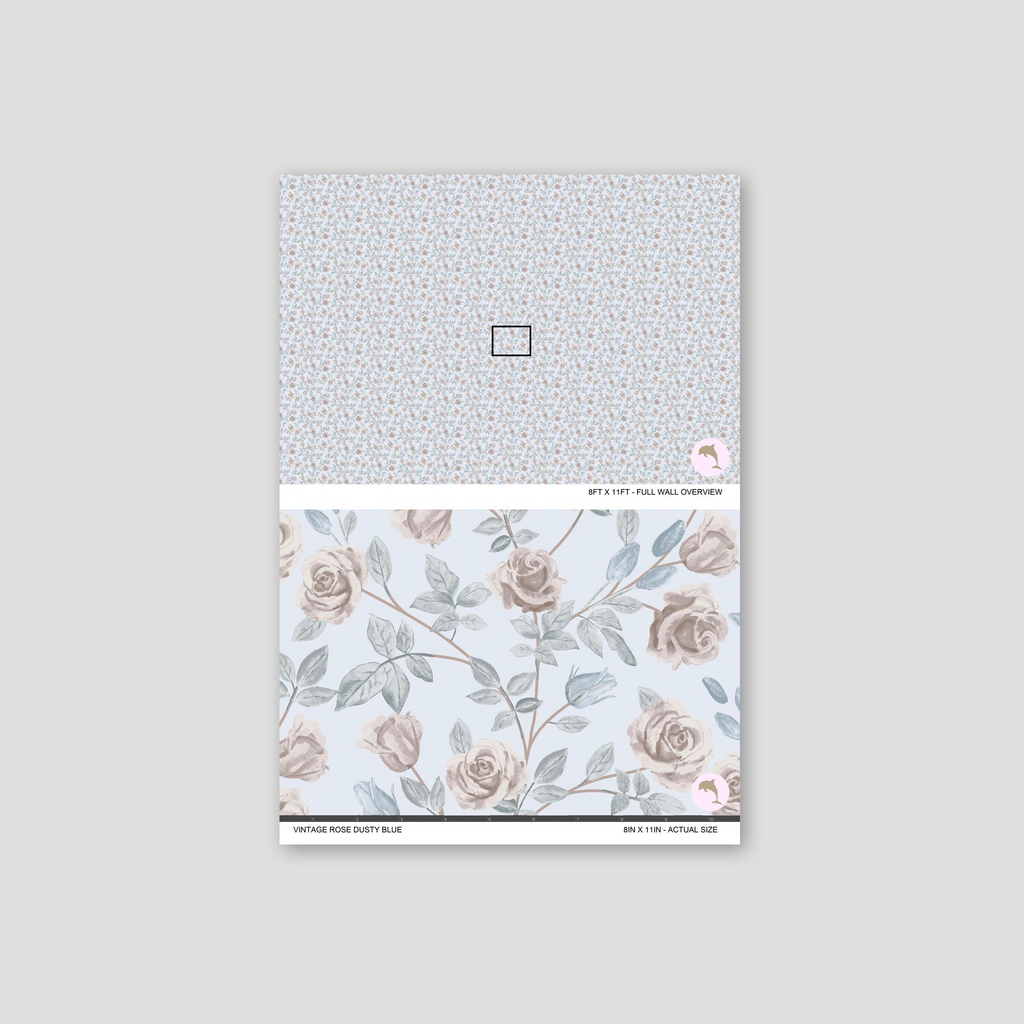 Vintage rose dusty blue wallpaper with blush roses and leaves, floral pattern sample.