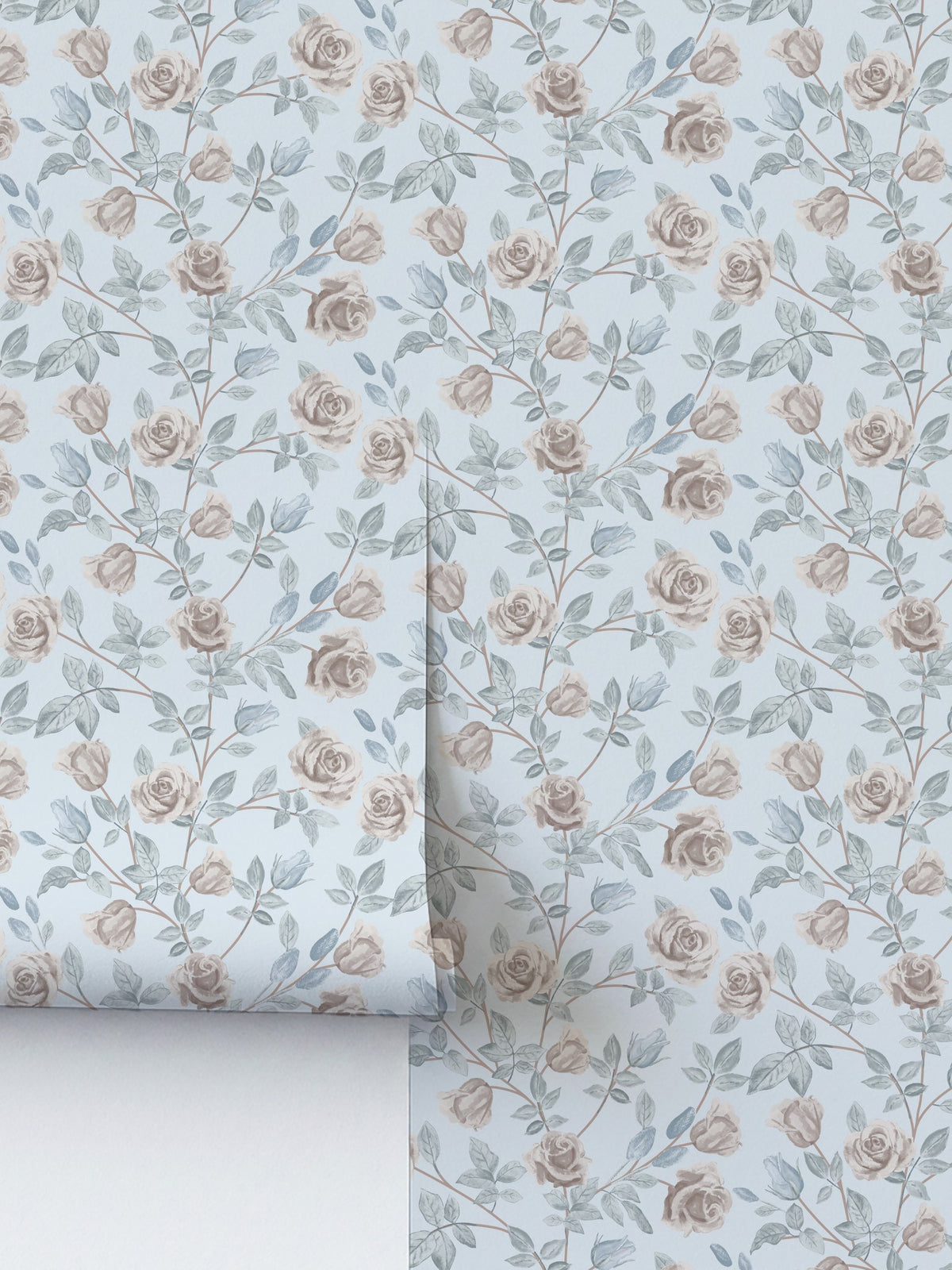 Vintage rose dusty blue wallpaper with blush floral pattern.